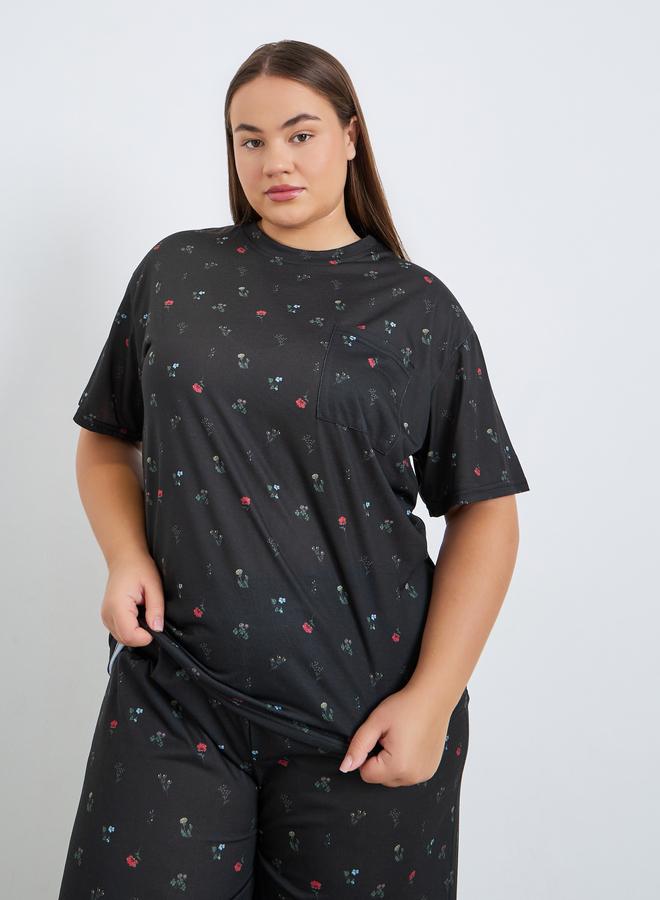Styli Plus Size Floral Print T-Shirt and Pyjama Set - Image 3